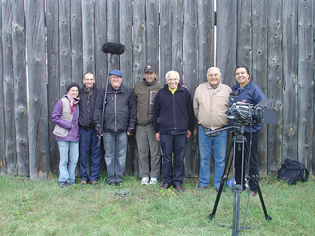 The whole film crew outside the fort at Battleford, Sask.
